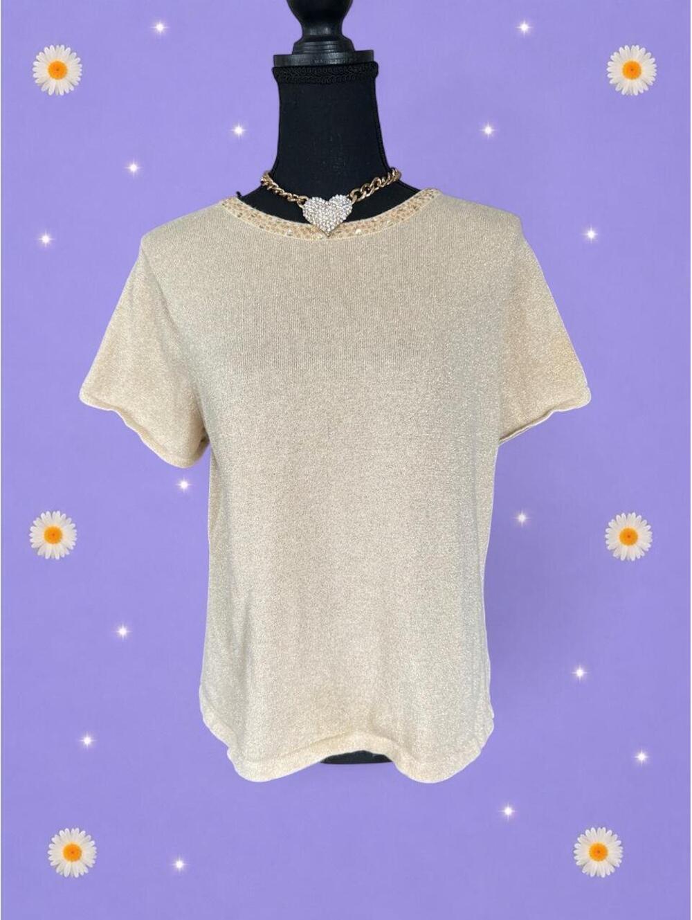 Vintage First Issue Liz Claiborne Gold Metallic Beaded Knit Top Y2K size Large